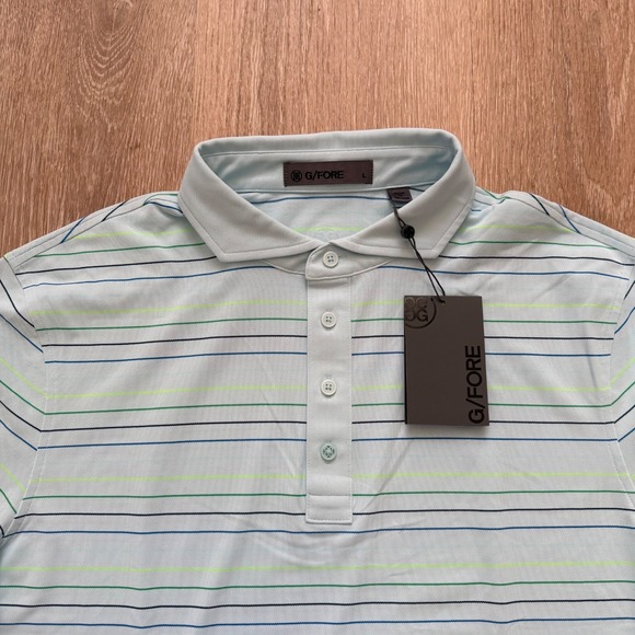G/FORE Multi Stripe Tech Pique Golf Polo DBRK Blue Black Green Men's Size L NWT - Picture 4 of 8